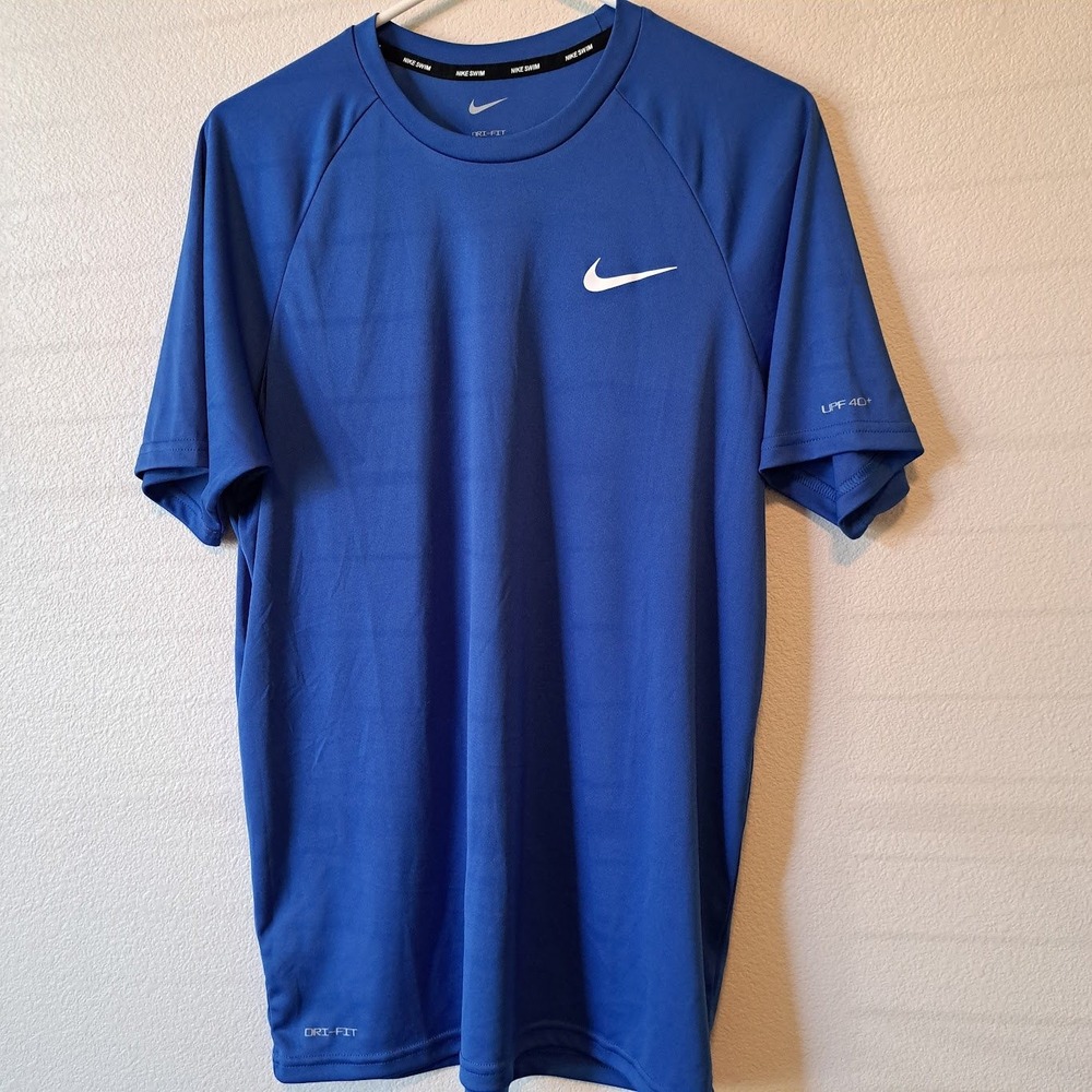 Nike Swim Mens Dri-FIT Rash Guard Blue UPF 40+ Short Sleeve Swim Shirt Size M